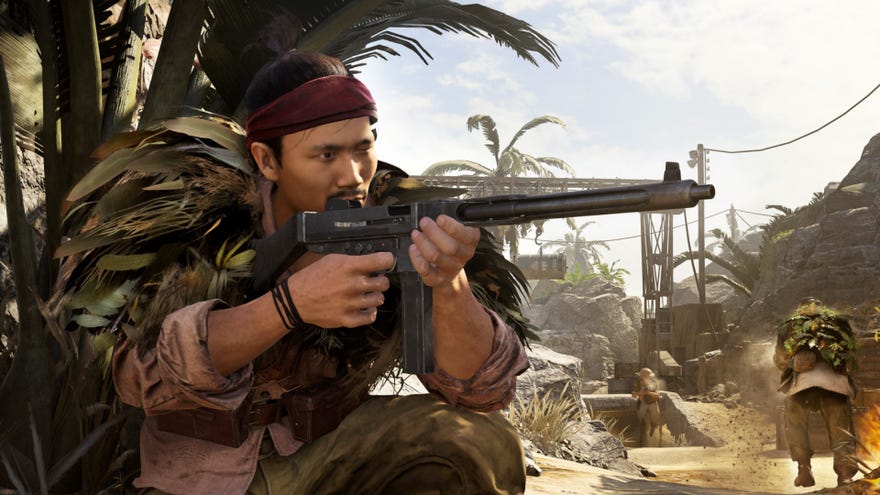 A player wearing a bandana and holding a submachine gun aims at a target in Call Of Duty: Vanguard.