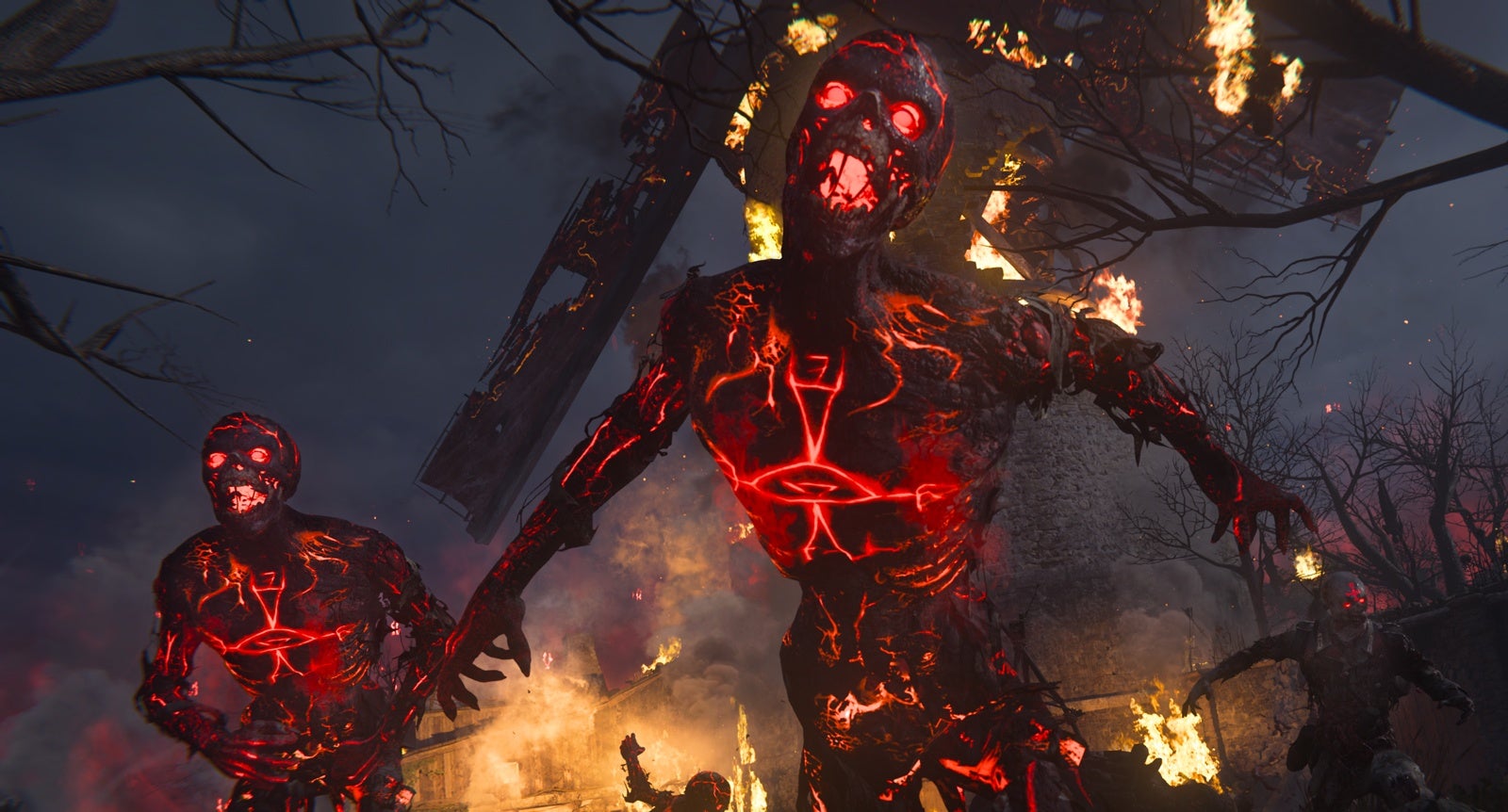 A screenshot from Call Of Duty: Vanguard&rsquo;s zombies mode, in which a glowing red undead is screaming.