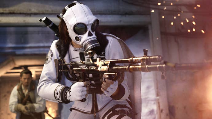 A soldier in a gas mask in a Call Of Duty: Vanguard screenshot.