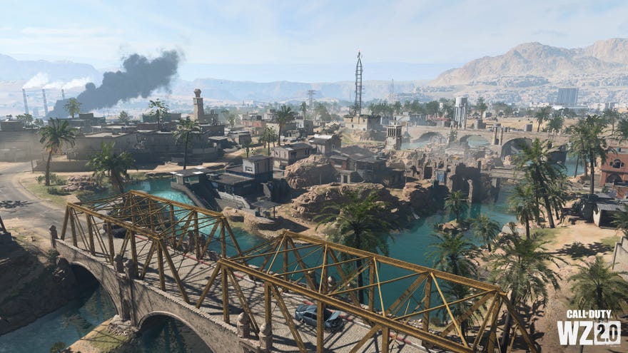 A desert city with a river and a bridge over it in Call Of Duty: Warzone 2’s new map.