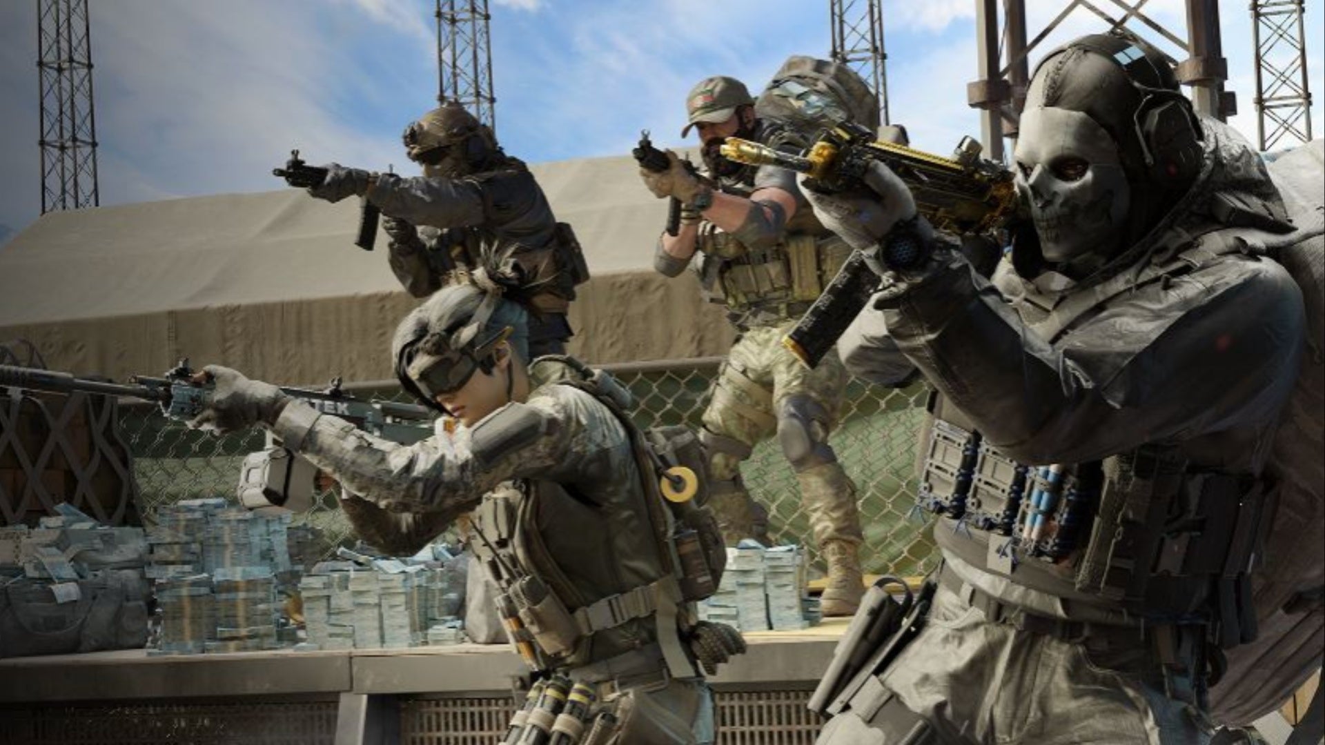 call of duty warzone 2023, four players holding their guns up ready to fight.