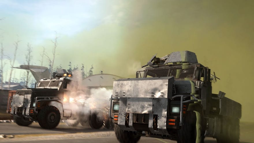 An image of two armoured trucks in Warzone escaping from the poison gas. They’re side-by-side, firing at one another too.
