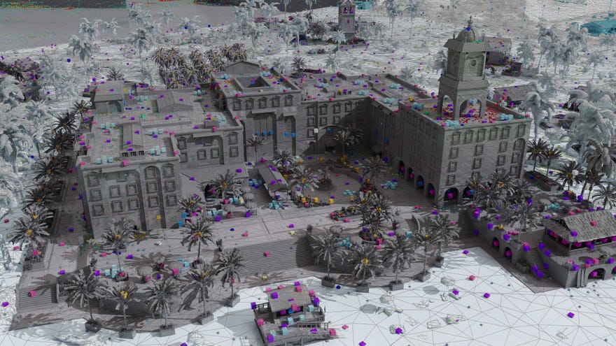 A view from above of a building in Caldera, rendered in greyscale in a 3D model-viewing tool.