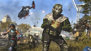 A promotional image for Call of Duty: Warzone Mobile showing player characters running toward the screen as parachutists, helicopters, and explosions are visible in the background.