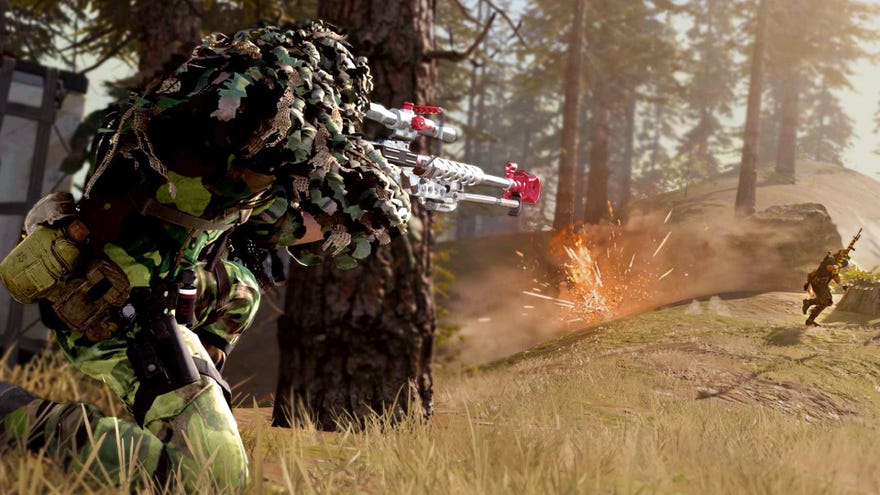 A player in Call Of Duty Warzone wearing camouflage and shooting their sniper rifle at somebody in front of them