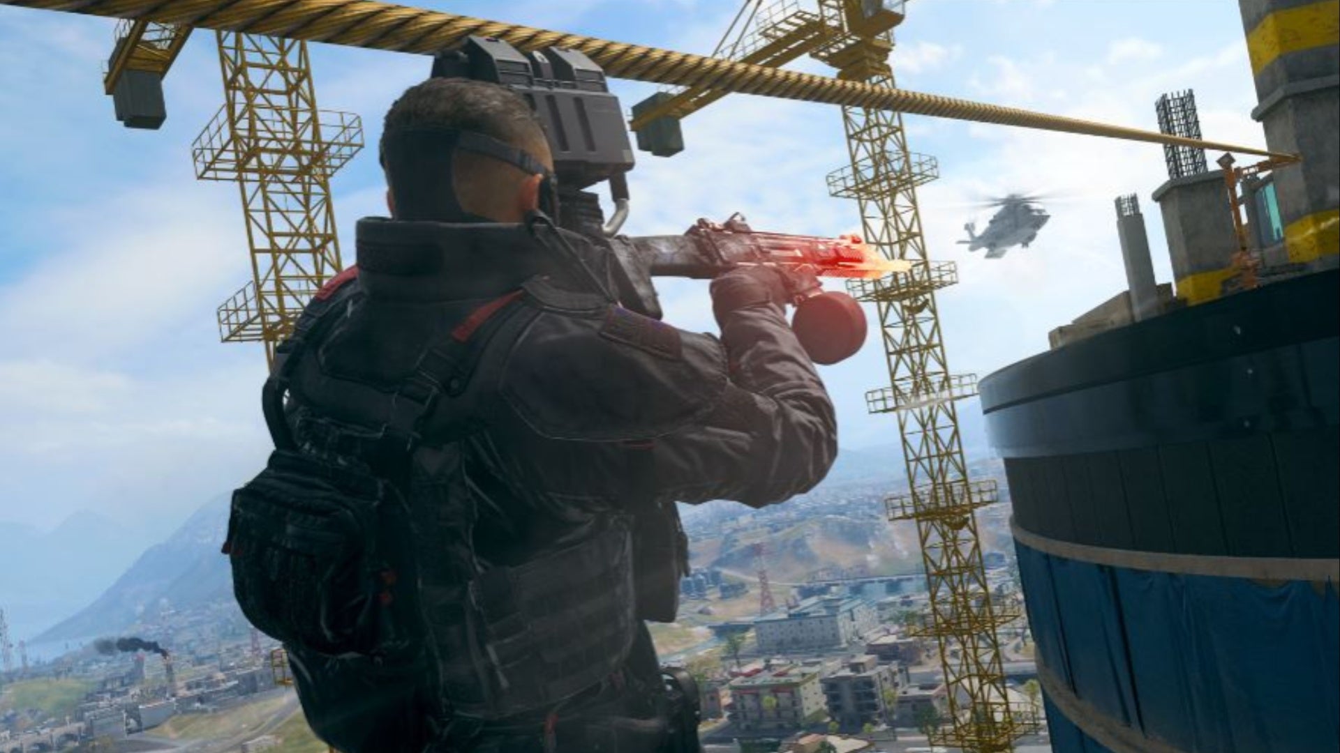 call of duty warzone urzikstan ziplines promo art of character using zipline from sky