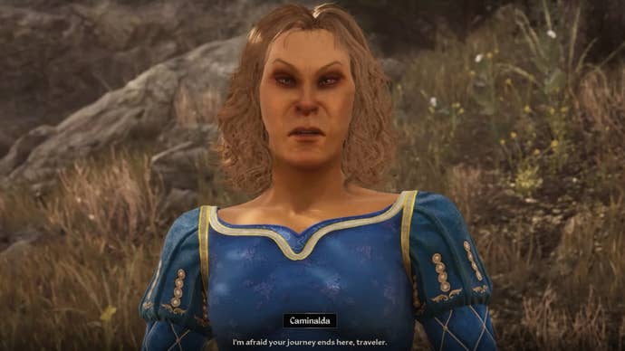 A haughty female high elf named Caminalda threatens the player in The Elder Scrolls IV: Oblivion Remastered.