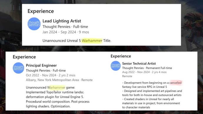 LinkedIn resume screenshots from a report on a cancelled Warhammer game from MP1ST.