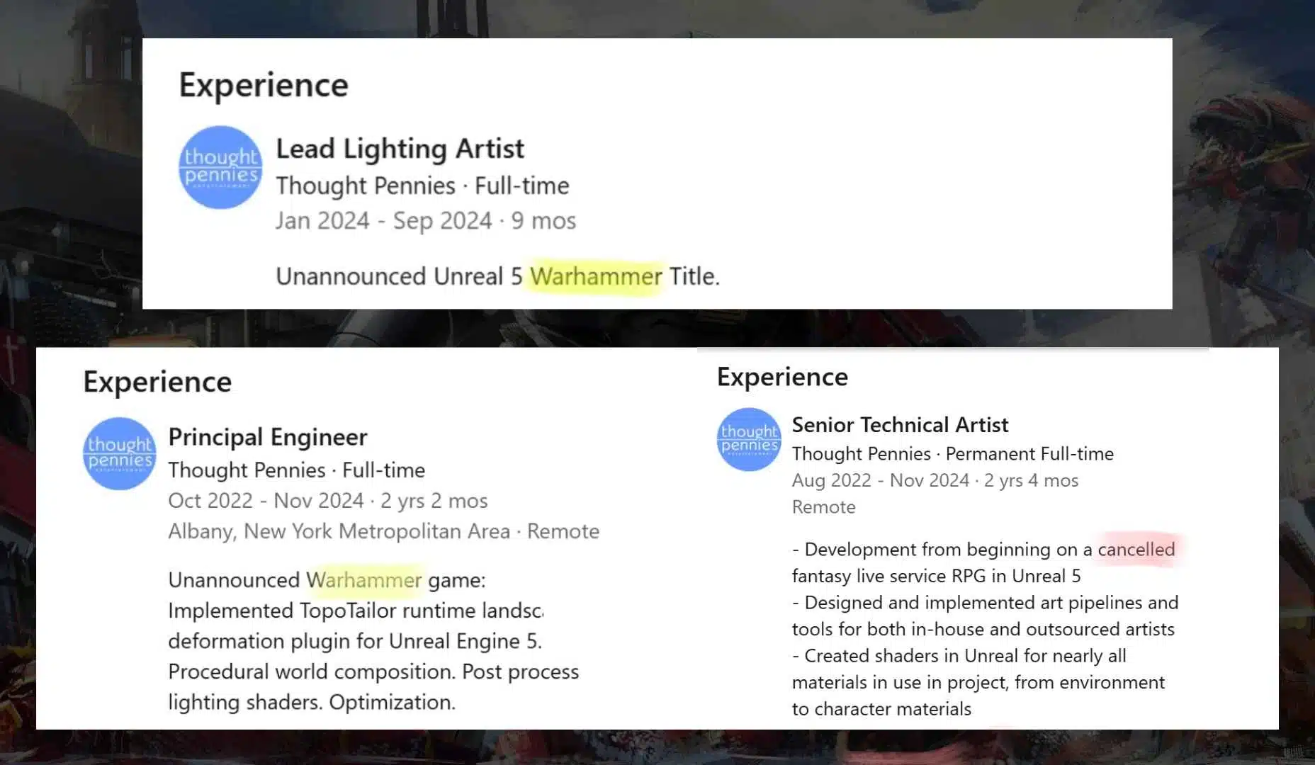 LinkedIn posts mentioning a &ldquo;cancelled&rdquo; game and an &ldquo;unannounced Warhammer&rdquo; project