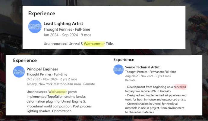 LinkedIn posts mentioning a “cancelled” game and an “unannounced Warhammer” project