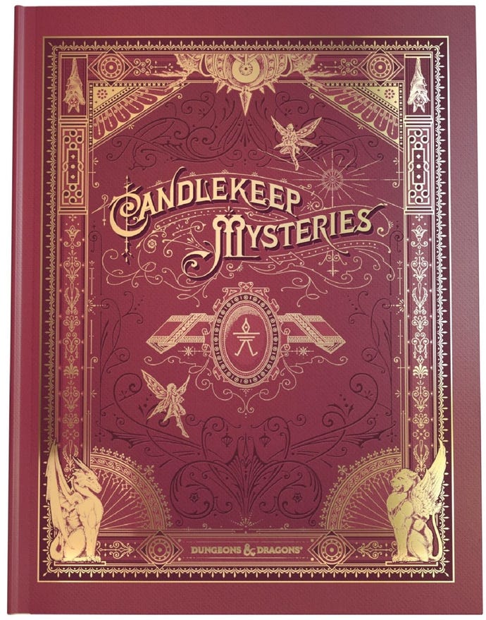 The special edition cover for Candlekeep Mysteries, with gold font and monster designs on a rich red backdrop