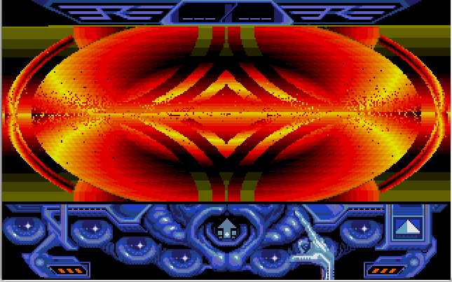 Captain Blood&rsquo;s 2001-inspired Hyperspace jump, with ship controls at the bottom of the screen and a spatial kaleidoscope at the top.