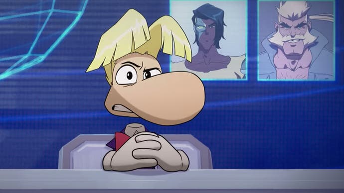 An image from Netflix's Captain Laserhawk: A Blood Dragon Remix animated series showing Rayman dressed as a TV news anchor and presenting a news item to camera while mugshots of Laserhawk and his boyfriend appear on a screen behind him.