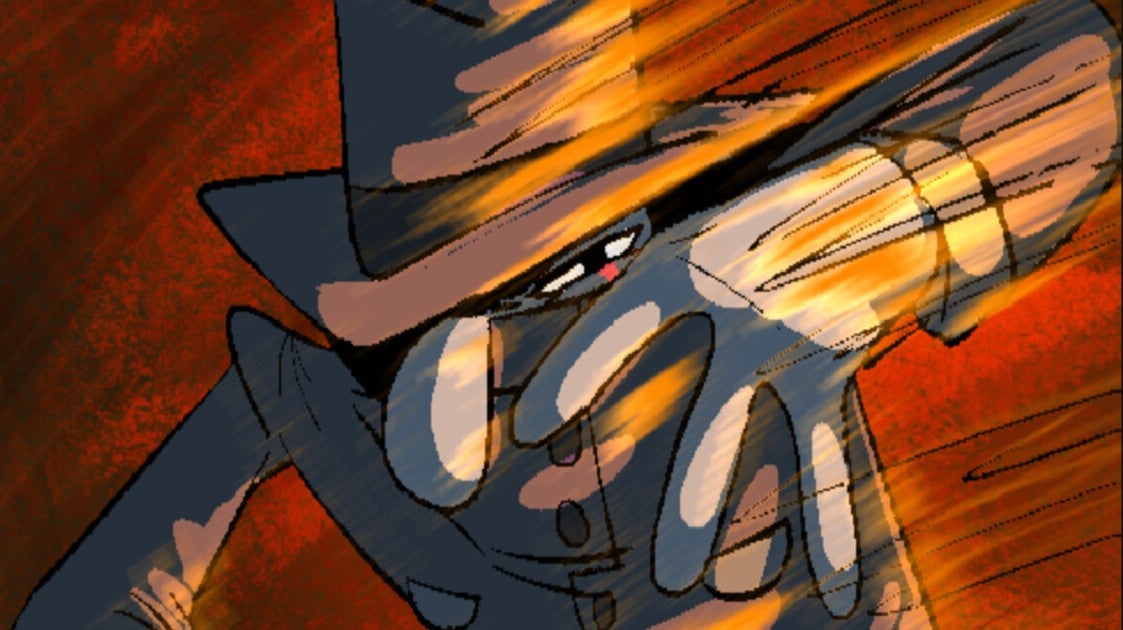 A cartoon of a guy with a big nose and white gloves wearing a detective-style coat and hat, shielding his face against an off-screen explosion. From the FPS Captain Wayne - Vacation Desperation. - 1