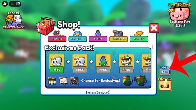 An arrow pointing at the codes button in the Roblox game Capybara Evolution.