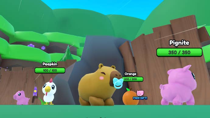A cute capybara character with a pacifier in its mouth, in the Roblox game Capybara Evolution.