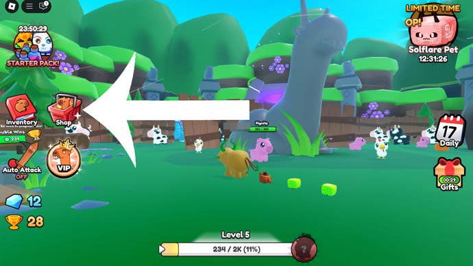 An arrow pointing at the shop button in the Roblox game Capybara Evolution.