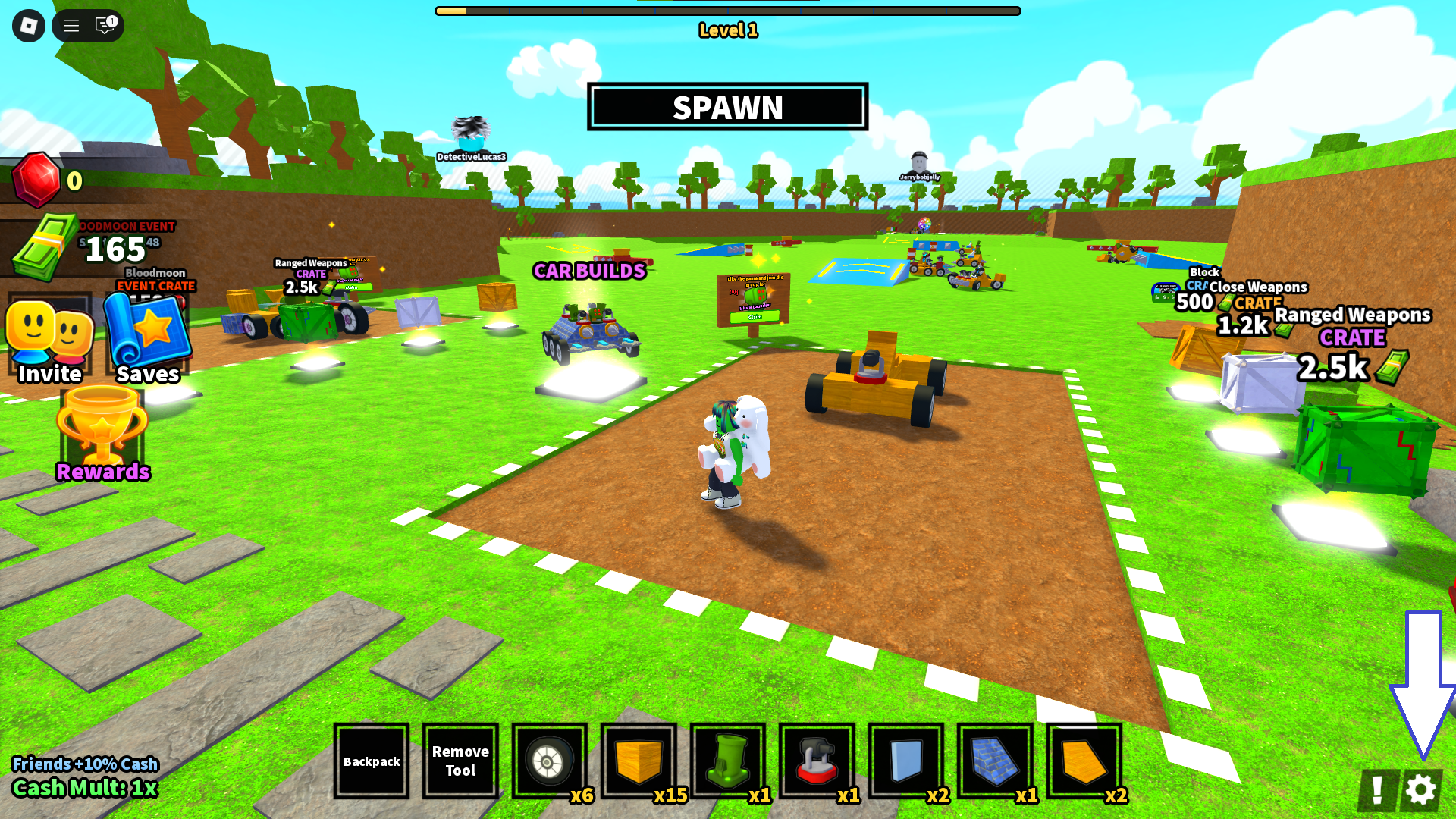 A screenshot of Car Battles in Roblox showing the game's settings button.