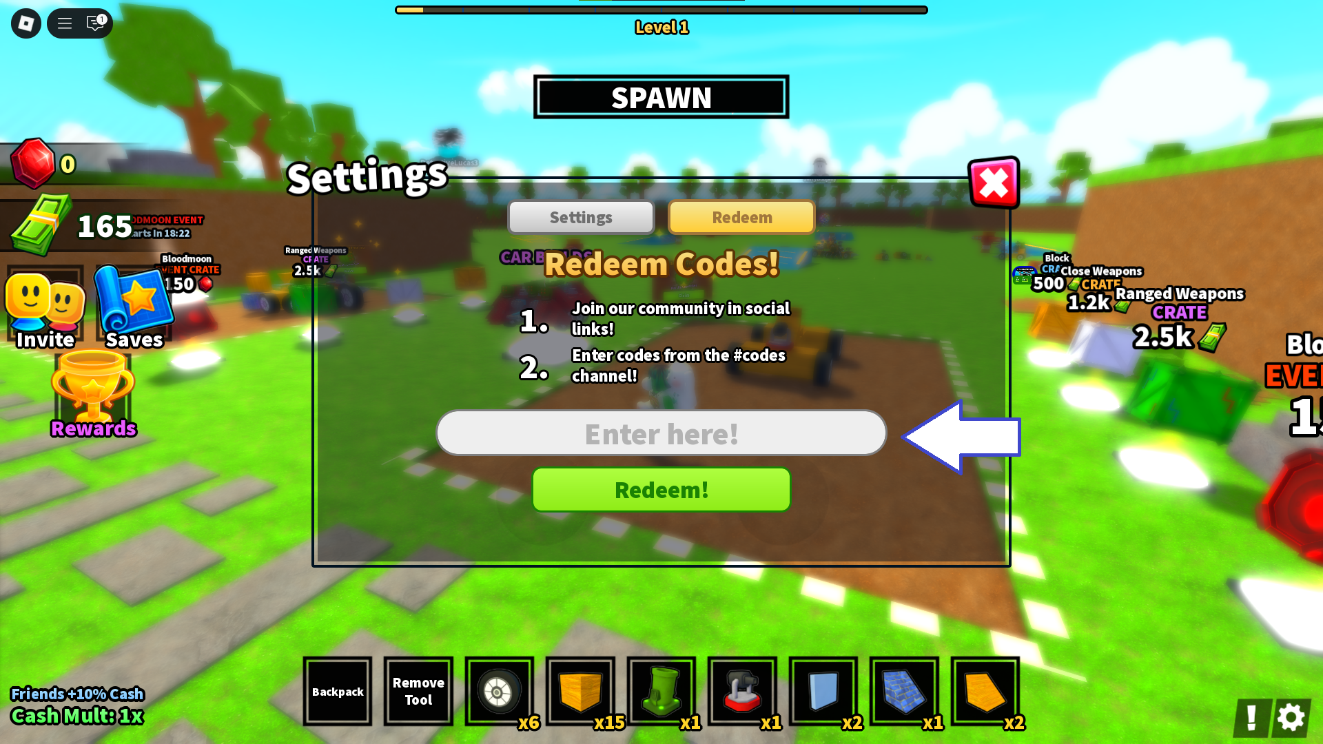 A screenshot of Car Battles in Roblox showing the game's codes field.