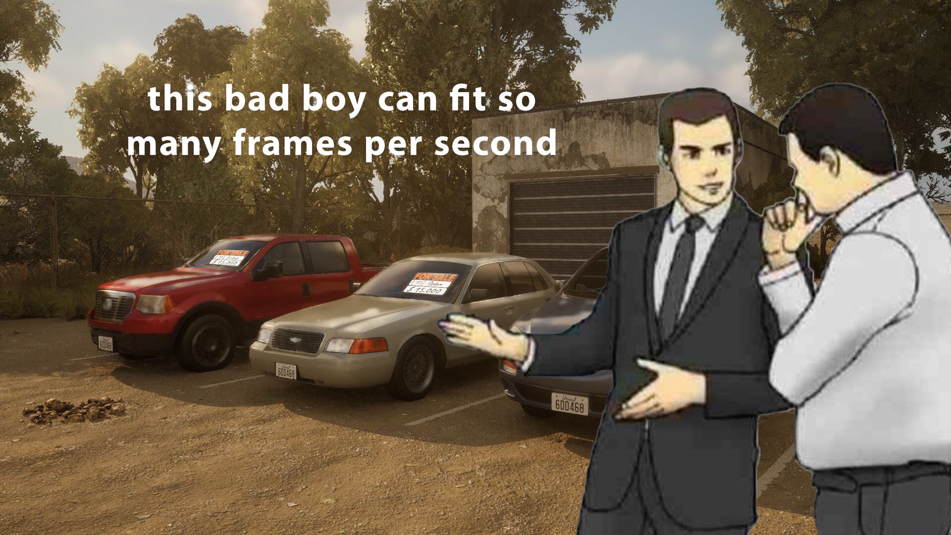 A row of cars with price tags in the windows with a meme car salesman pitching to a customer in the foreground. - 1