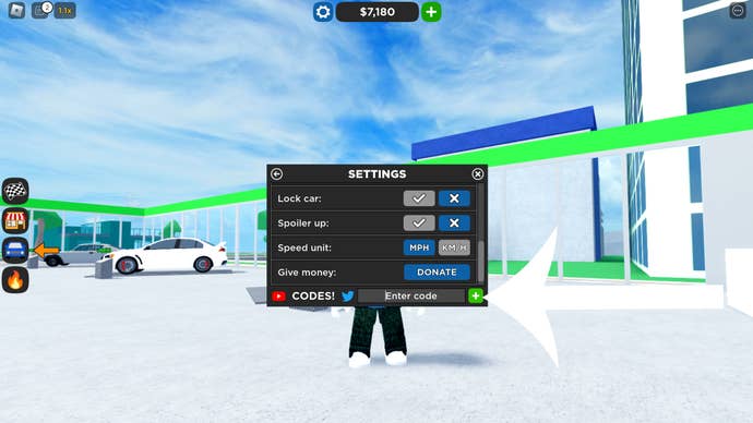 Arrow pointing at the codes screen in Car Dealership Tycoon.