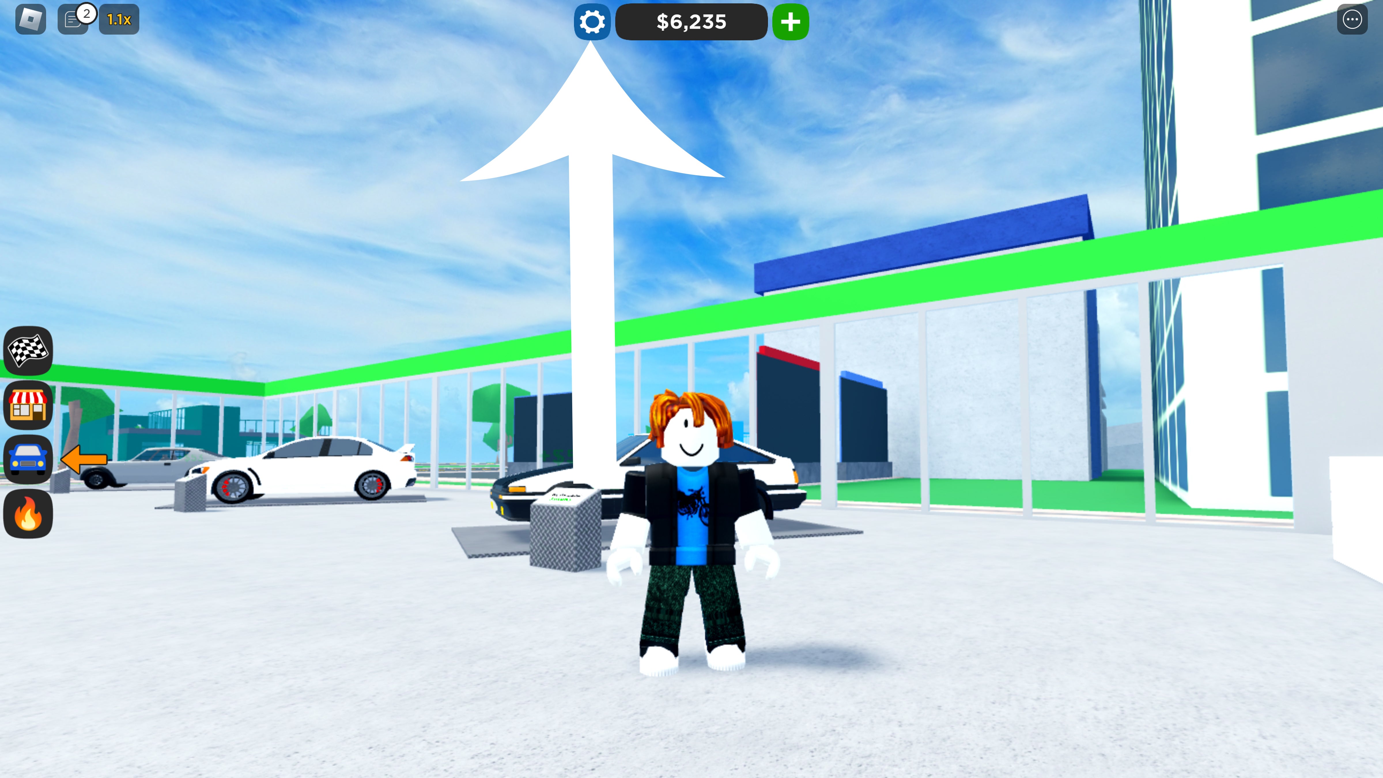 Der Pfeil zeigt auf die Schaltfläche, die die Spieler drücken müssen, um auf den Einstellungsbildschirm in Car Dealership Tycoon zuzugreifen.