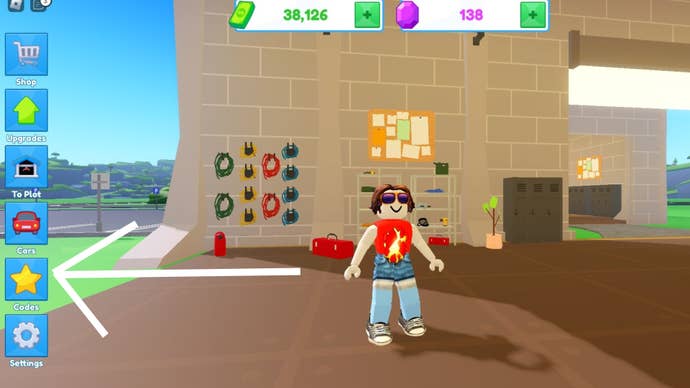 Roblox Car Factory Tycoon, a white arrow is pointing to the star icon on the left of the screen.