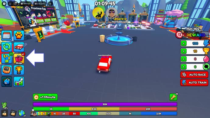 A screenshot of Car Training in Roblox showing the game's Shop button.