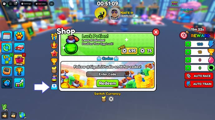 A screenshot of Car Training in Roblox showing the game's Codes button.