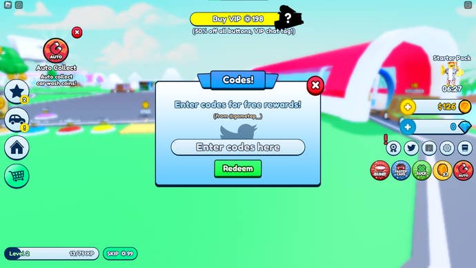 A screenshot from Car Wash Tycoon in Roblox showing the game's codes menu.