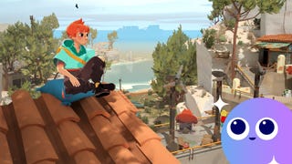 A young hero sits on a tiled roof looking out across a sunny, gently rocky region by the sea.