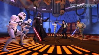 Screenshot of Star Wars: Galaxy of Heroes, showing Darth Vader and stormtroopers against Luke, Leia and Han Solo