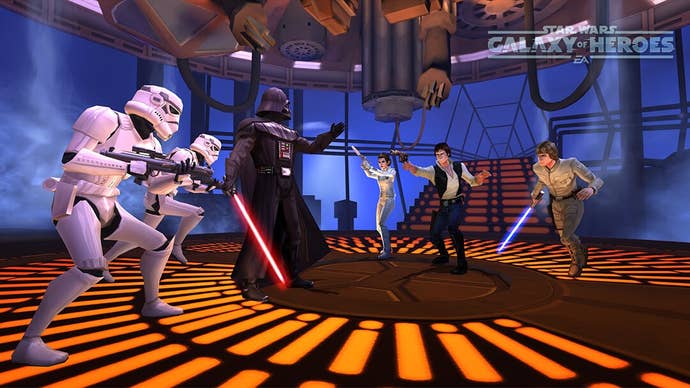 Screenshot of Star Wars: Galaxy of Heroes, showing Darth Vader and stormtroopers against Luke, Leia and Han Solo