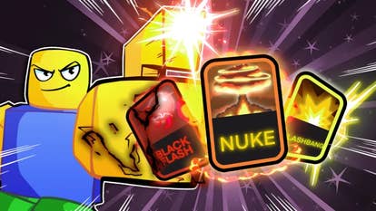 Artwork for the Roblox game Card Chaos, showing a cartoon Roblox character holding a set of glowing cards that appear to be powerful.