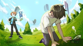 Artwork for the Roblox game Card RNG, showing one character looking distraught with another holding a card looking happy.