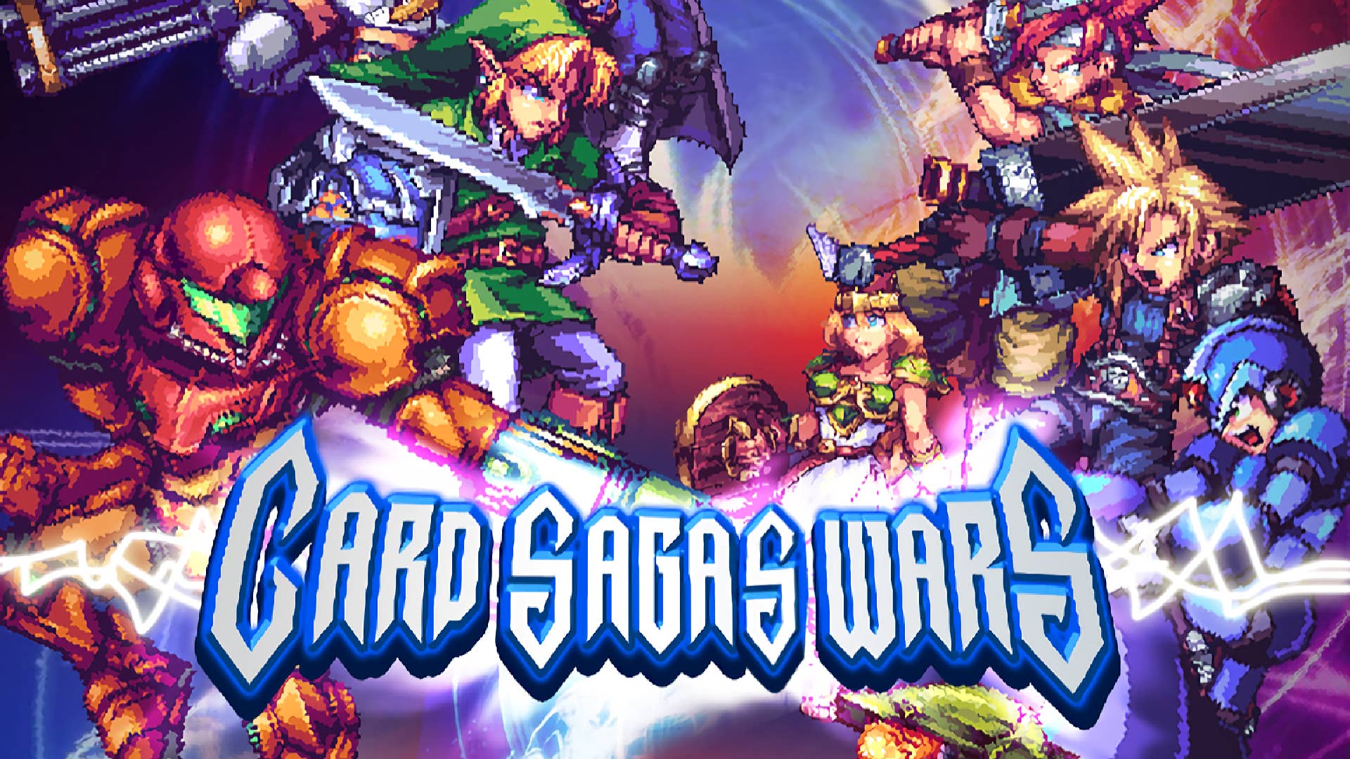 Unfinished Fangame Card Sagas Wars title logo. It shows off some amazing pixel sprites of a variety of popular video game characters, including Link, Samus, Cloud, Crono, and Megaman.