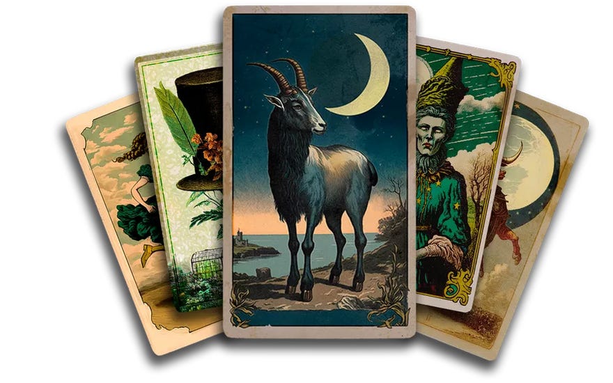A spread of fantasy themed cards from the survival game Nightingale, including an image of a goat with a crescent moon