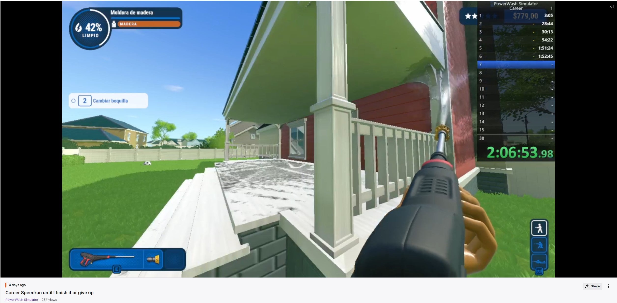 Screenshot of cricter&rsquo;s career mode run in PowerWash Simulator.