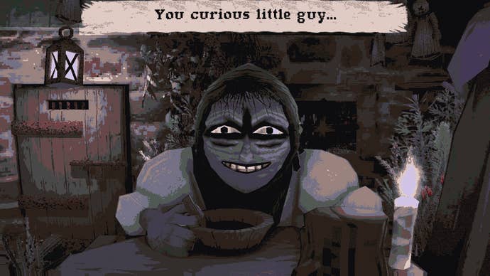 A creepy-looking old woman is eating something from a bowl, with dialogue above her reading: “You curious little guy” in a screenshot from Carimara: Beneath the forlorn limbs