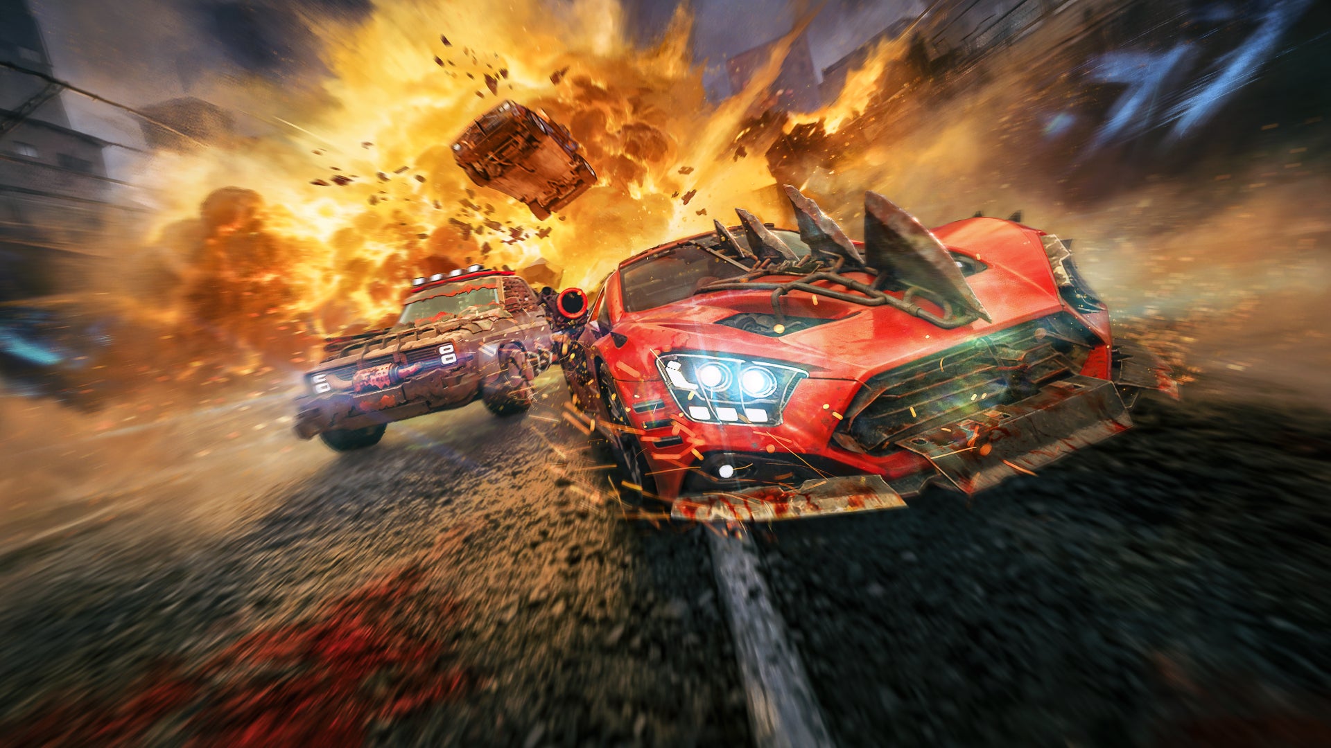 Some cars race away from an explosion in Carmageddon: Rogue Shift. - 1