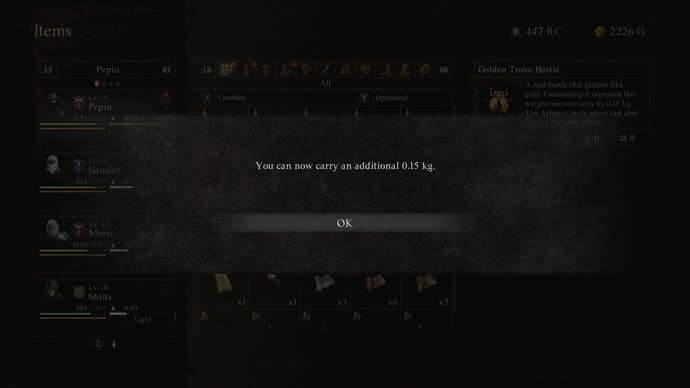 A screen noting that your carry weight has increased in Dragon’s Dogma 2.