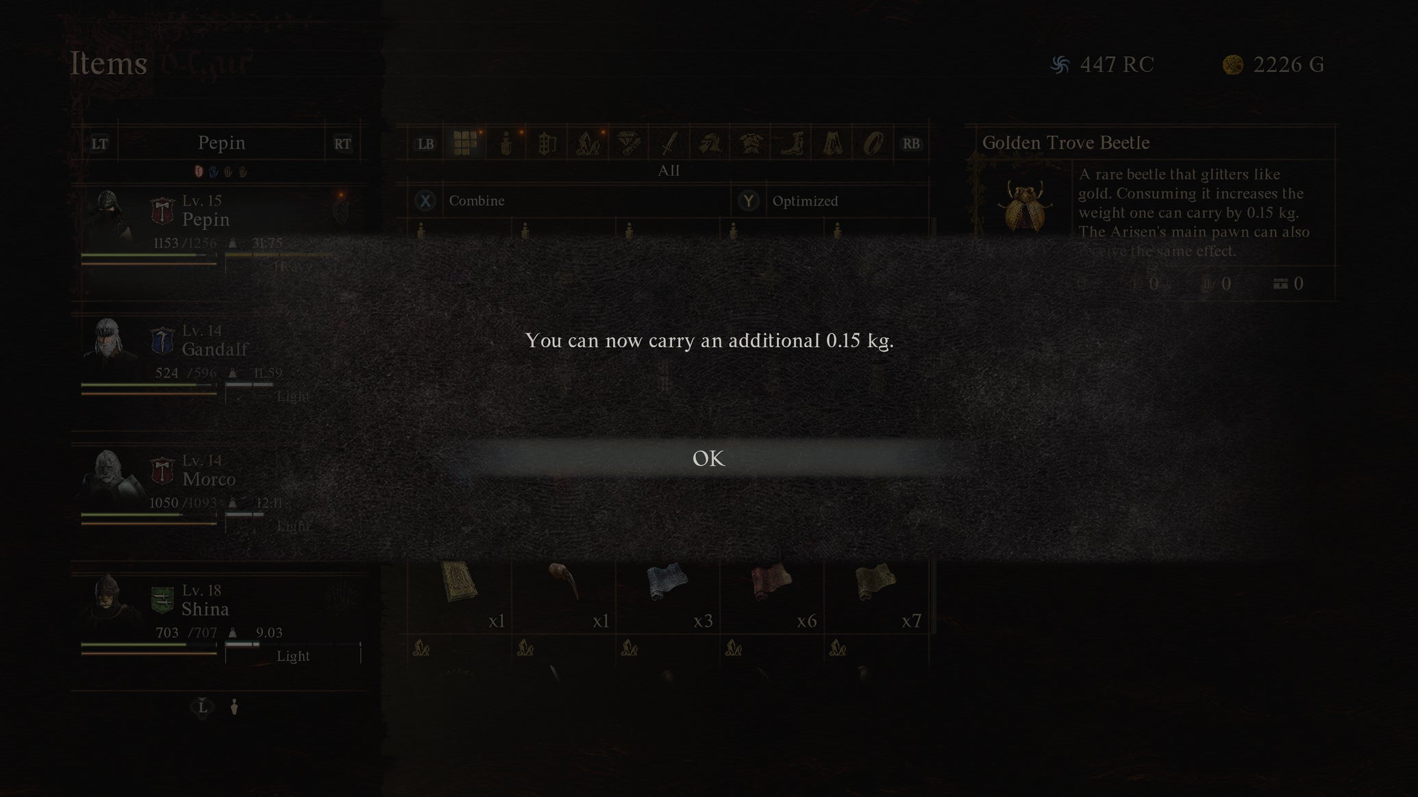 A screen noting that your carry weight has increased in Dragon's Dogma 2. - 1