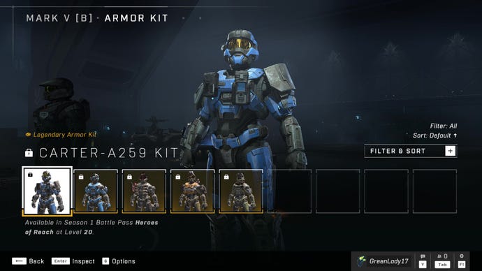 Halo Infinite’s Mark V (B) Armor Core, sporting the Carter-A259 Armor Kit.