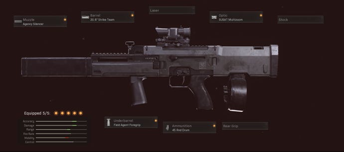 This CARV 2 has the agency silencer, 20.8 inch strike team barrel, SUSAT multizoom, field agent foregrip, and 45 round drum magazines.