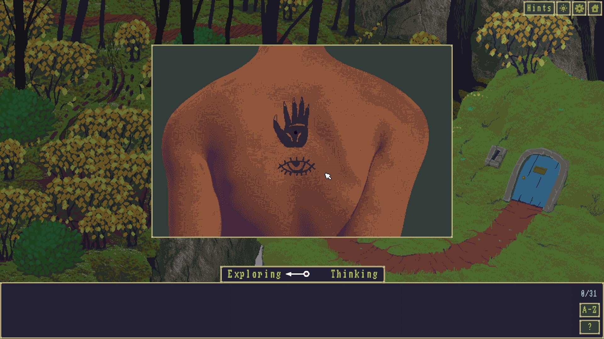 Case of the Golden Idol review - exploring the countryside, a pop-up shows a tatoo of a palm and an eye on a person&rsquo;s back