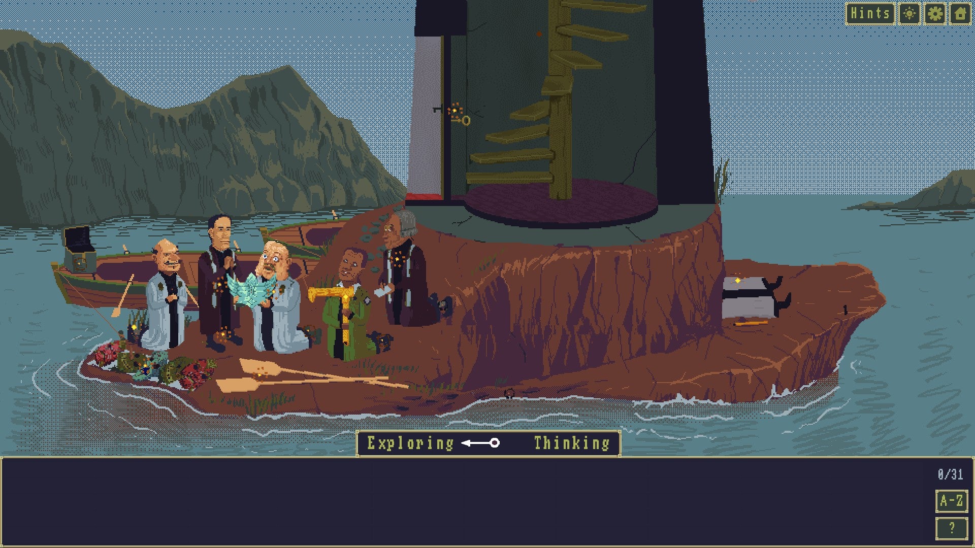 Case of the Golden Idol review - several odd-looking characters sit on the shore of a lighthouse island with discarded masks on the floor