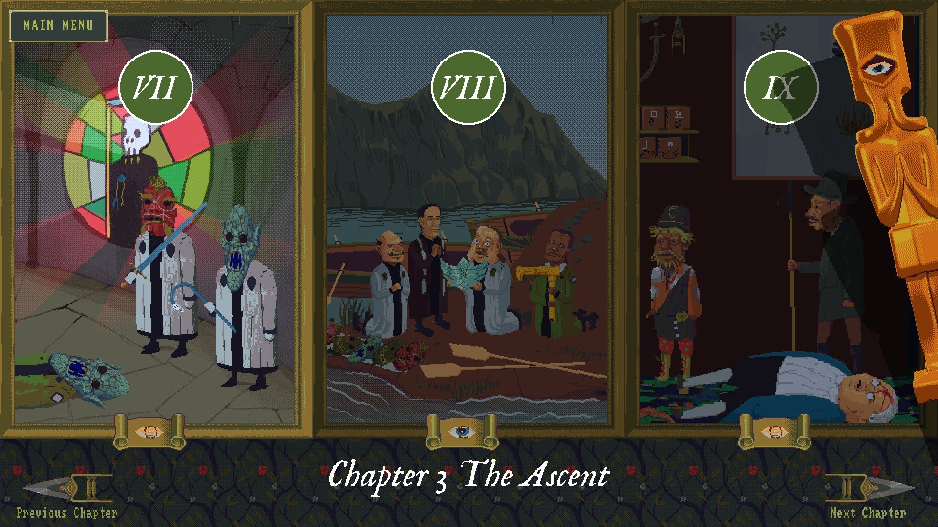 Case of the Golden Idol review - three panels on the main menu display three options of things to explore