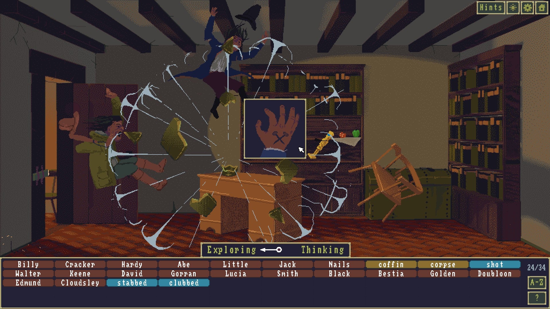 Case of the Golden Idol review - two people, a chair and the golden idol fly away from a desk in a kind of explosion freeze-frame