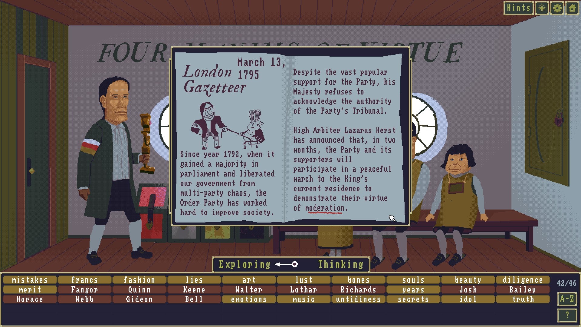 Case of the Golden Idol review - a popup over a room full of people shows an edition of the London Gazetteer with a story about the Order Party coming to power.