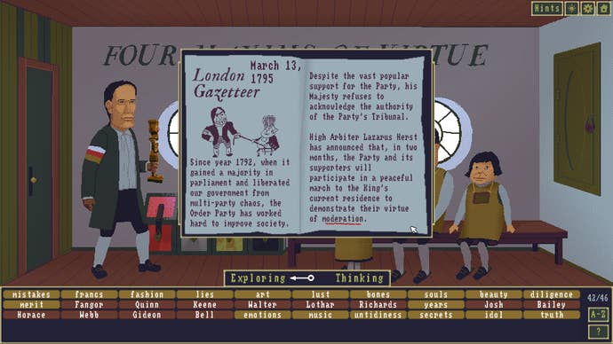 Case of the Golden Idol review - a popup over a room full of people shows an edition of the London Gazetteer with a story about the Order Party coming to power.